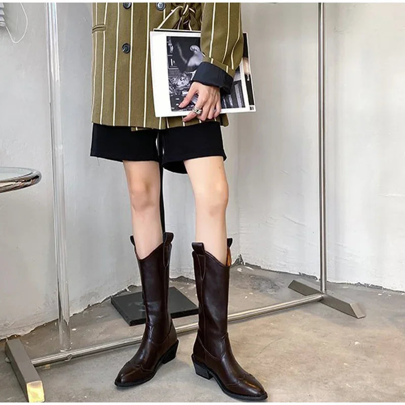 Santiag mi-haute marron foncé Simili Cuir Femme - Coutures ondulées