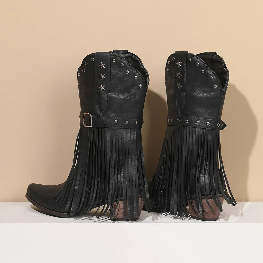 Santiag mi-haute noir Simili Cuir Femme - Franges, étoiles