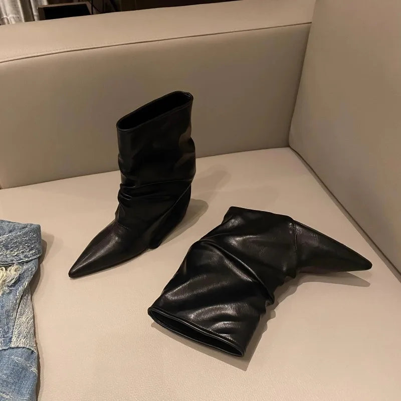 Bottine haute noir Simili Cuir Femme - Bout pointu