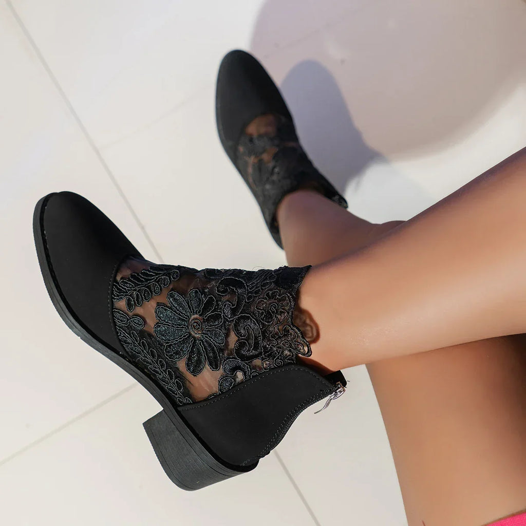 Bottine à talon noir Synthétique Femme - Broderies florales