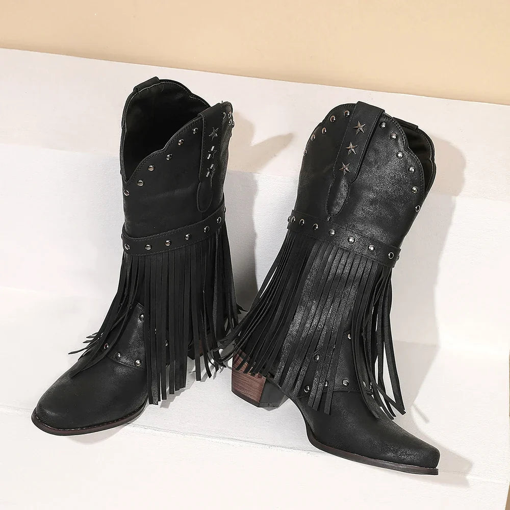 Santiag mi-haute noir Simili Cuir Femme - Franges, étoiles