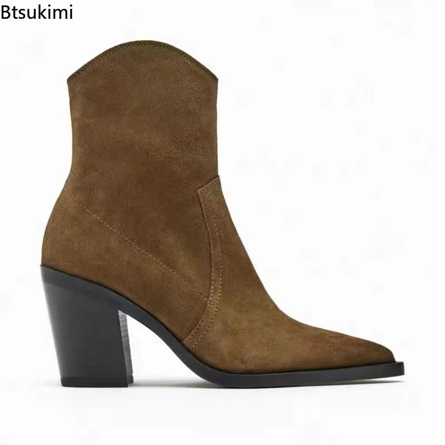 Santiag mi-haute marron Daim Synthétique Femme - Talon cubain, bout pointu