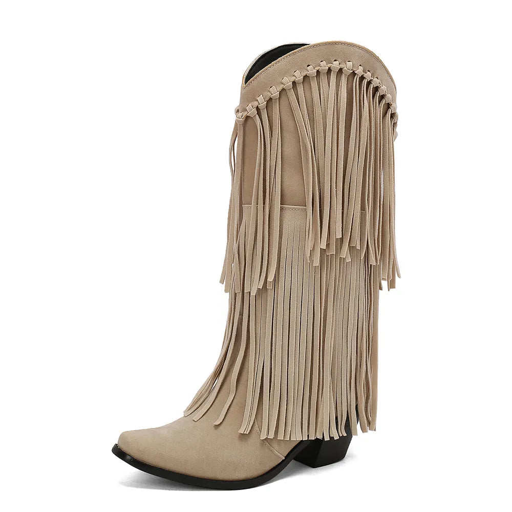 Santiag haute beige Daim Femme - Franges longues