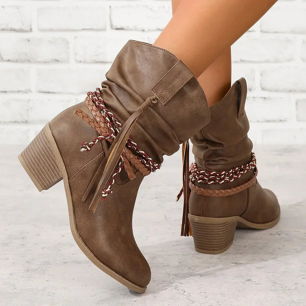 Santiag mi-haute marron Simili Cuir Femme - Style boho, tresse et corde