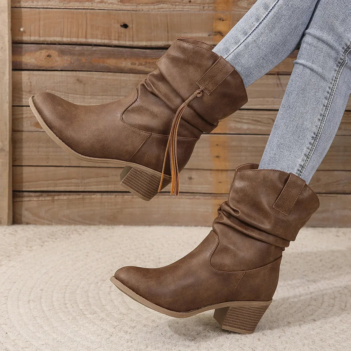 Santiag mi-haute marron Simili Cuir Femme - Franges western, talon carré