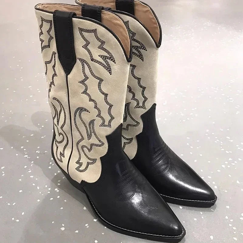 Santiag haute noir Simili Cuir Femme - Bicolore, broderies contrastées