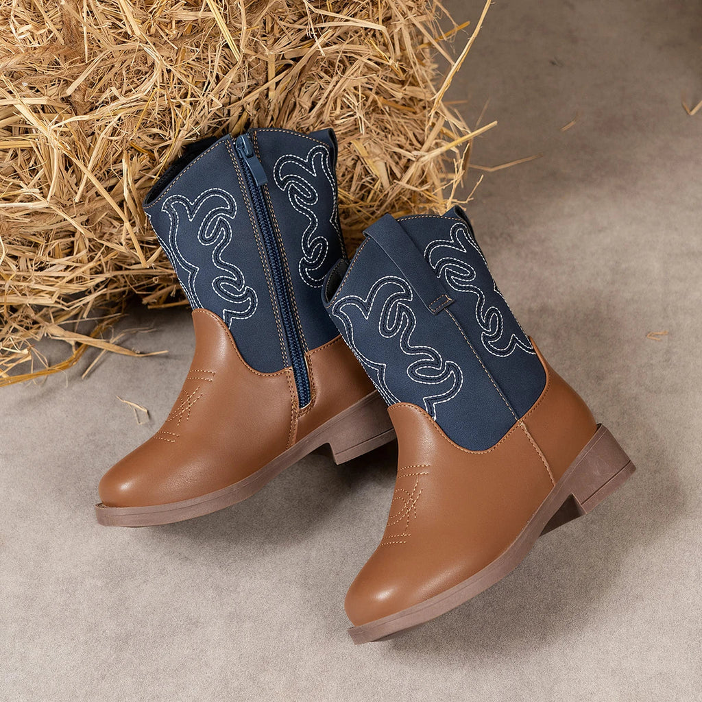 Santiag mi-haute marron Cuir Fille - Broderies blanches