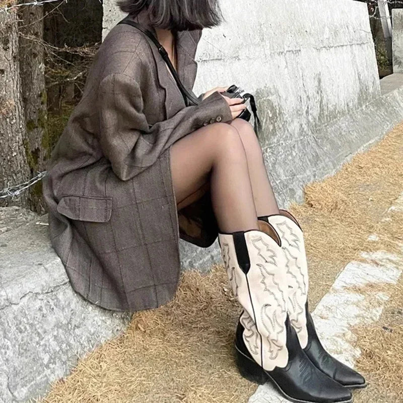 Santiag haute noir Simili Cuir Femme - Bicolore, broderies contrastées