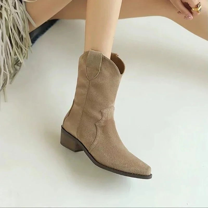 Santiag basse beige Daim Femme - Talon carré