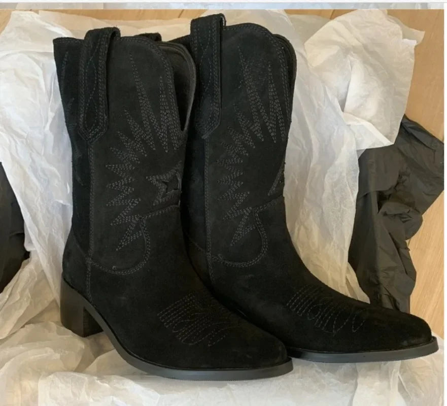 Santiag mi-haute noir Daim Synthétique Femme - Broderies géométriques brillantes