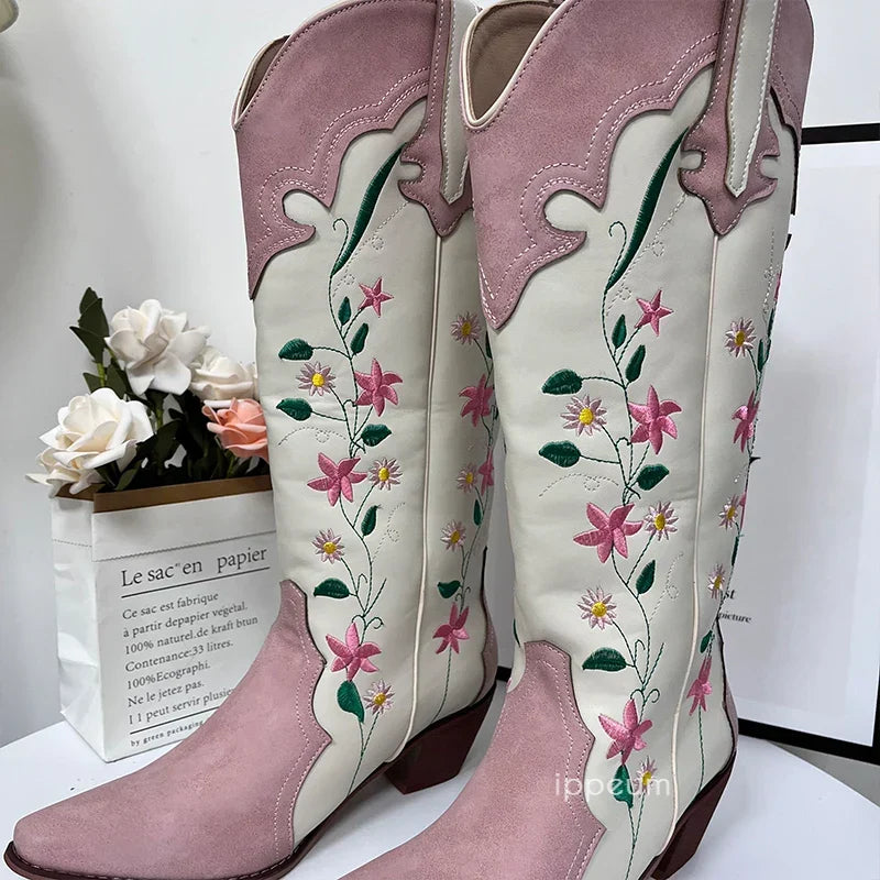 Santiag mi-haute blanc Simili Cuir Femme - Broderies florales colorées