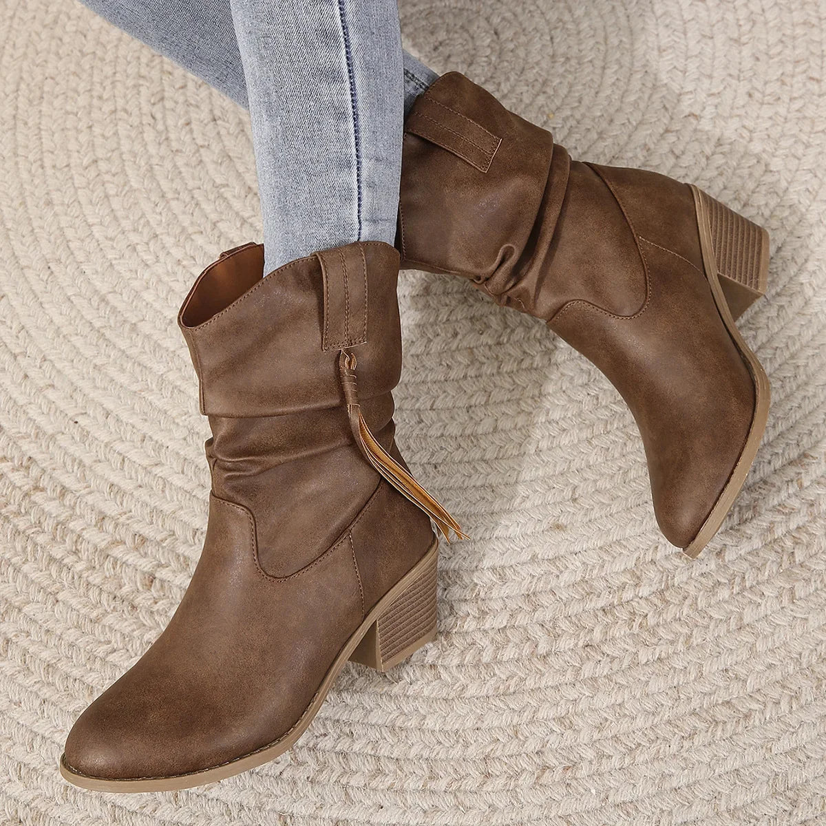 Santiag mi-haute marron Simili Cuir Femme - Franges western, talon carré