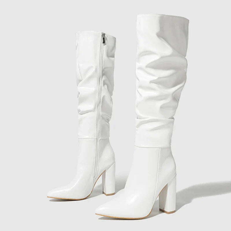Botte haute blanc Simili Cuir Femme - Tige drapée, talon bloc