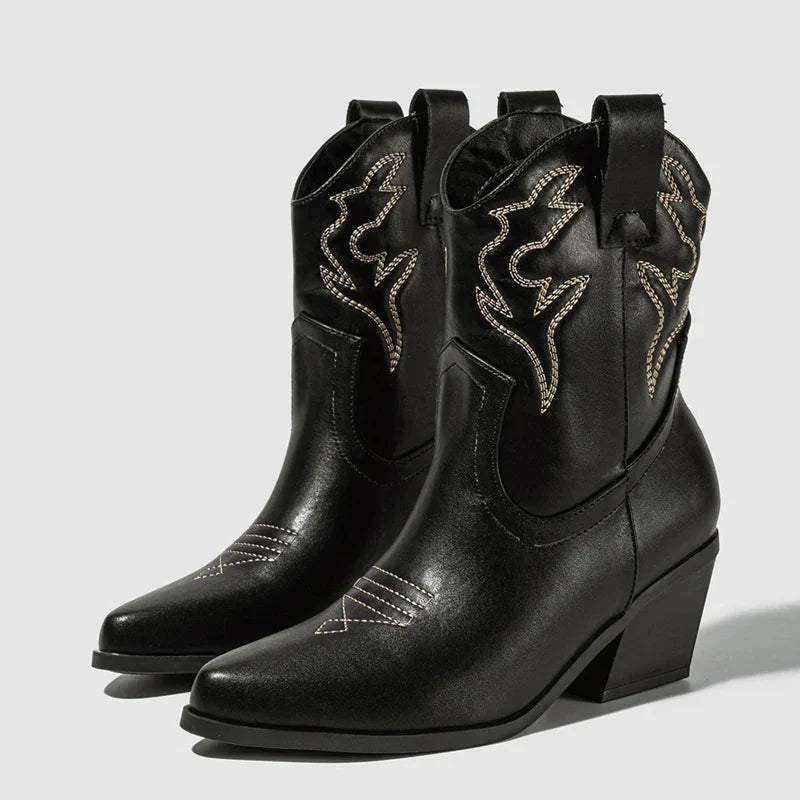 Santiag mi-haute noir Simili Cuir Femme - Broderies florales, talon cubain