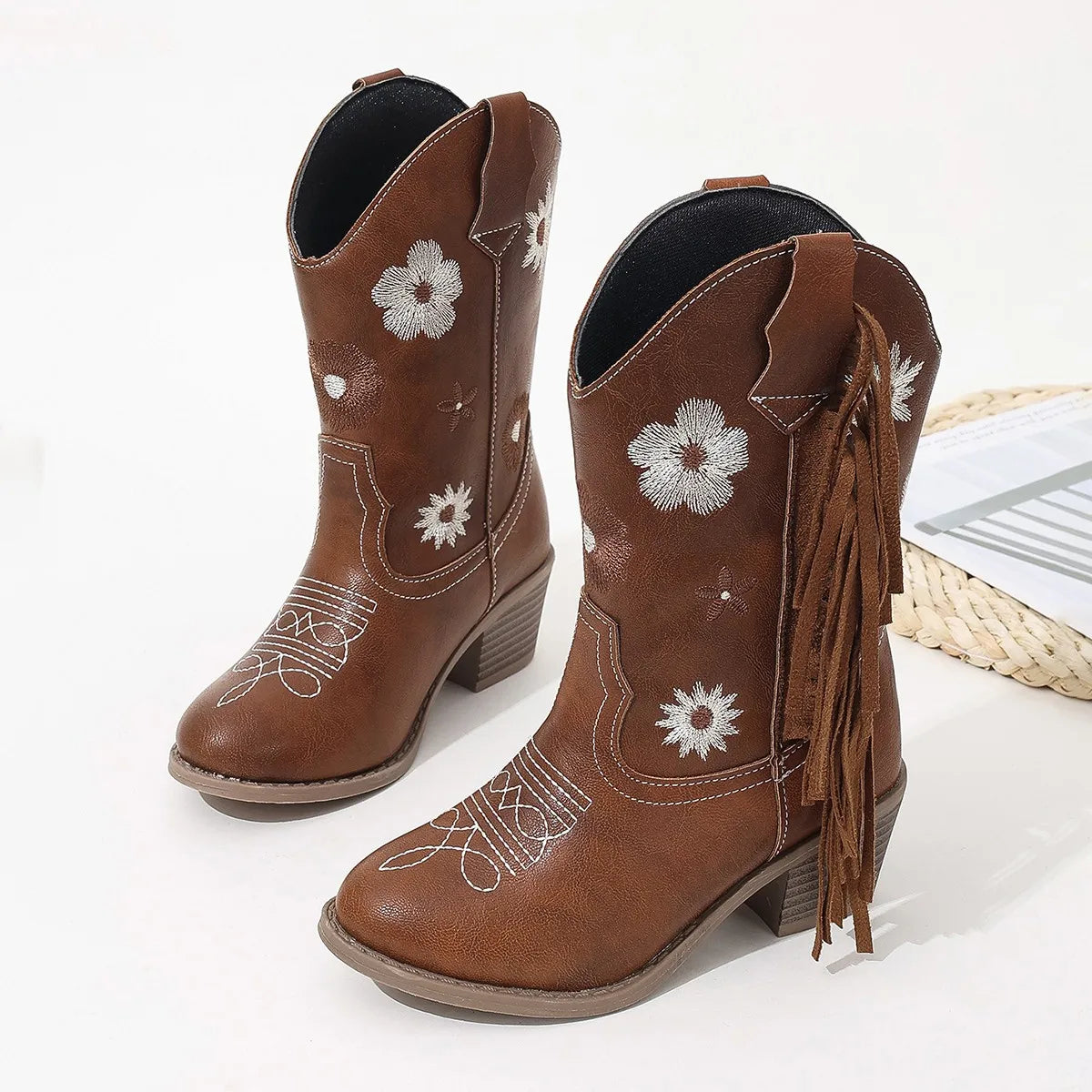 Santiag mi-haute marron Simili Cuir Fille - Broderies florales, franges
