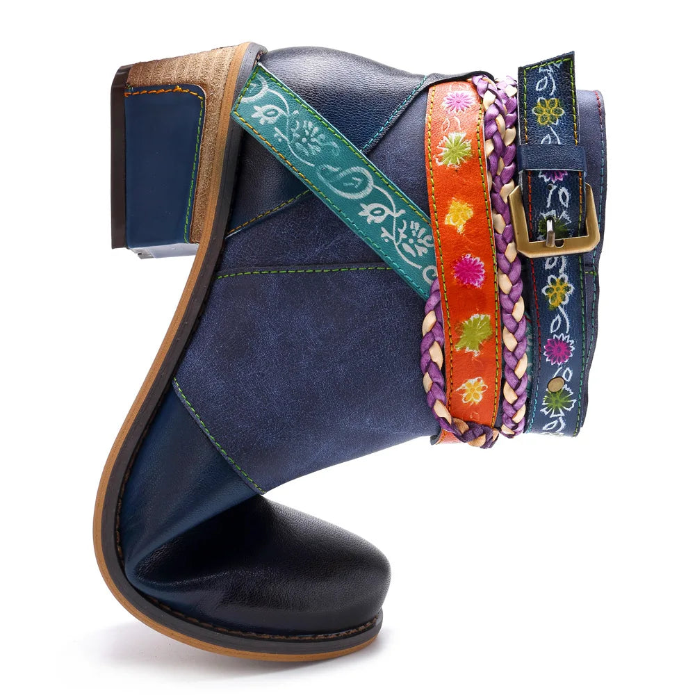 Santiag mi-haute bleu Cuir Femme - Broderies florales, sangles