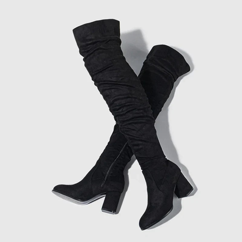 Botte haute noir Daim Synthétique Femme - Tige plissée