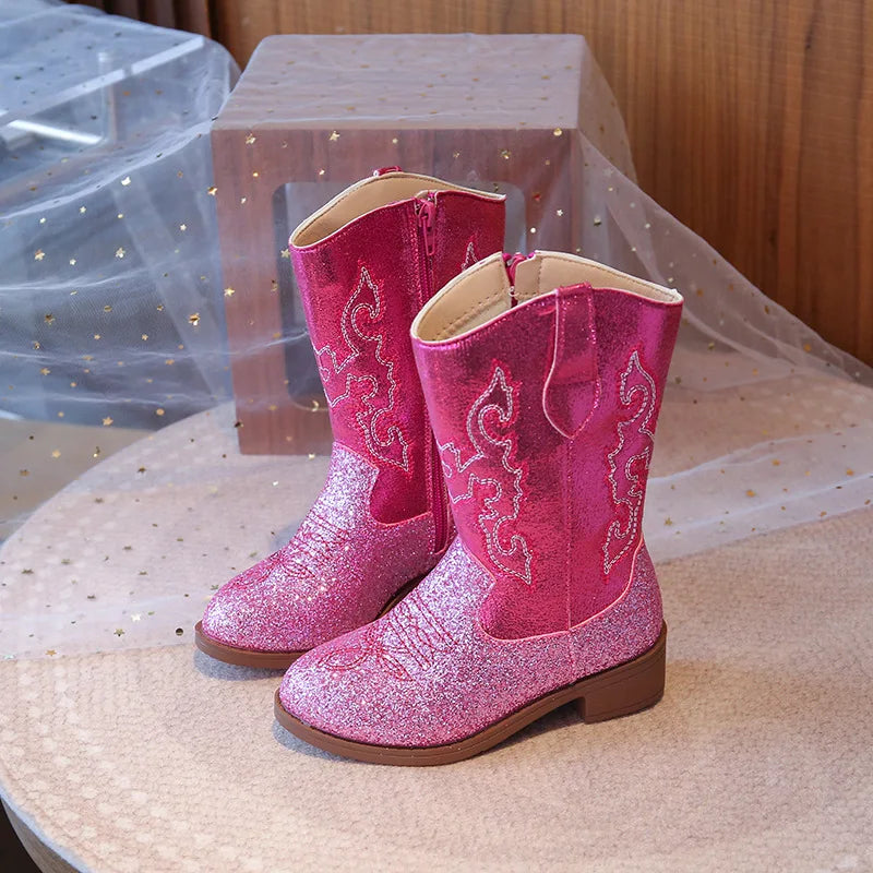 Santiag haute rose à paillettes Synthétique Fille - Broderies