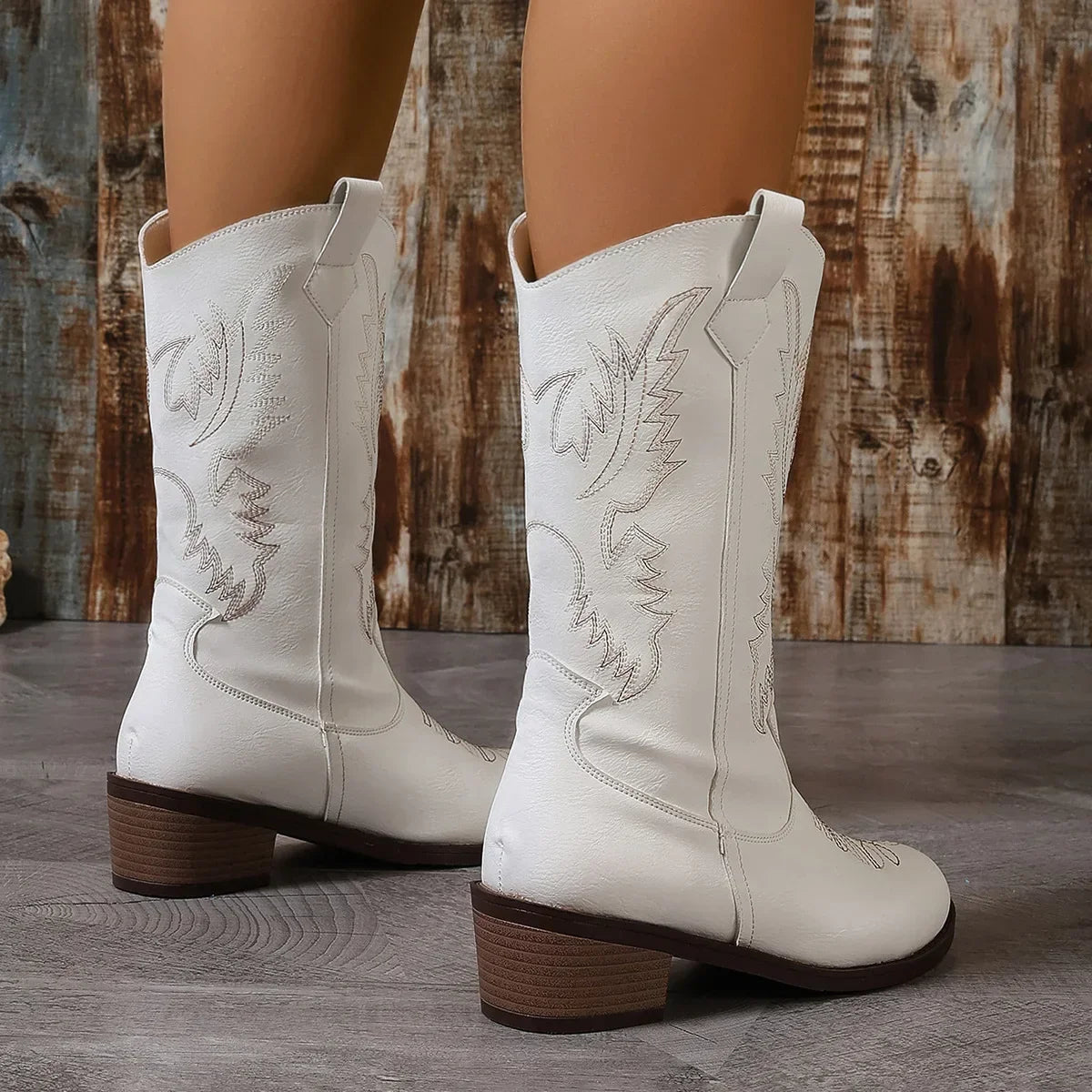 Santiag mi-haute blanc Synthétique Femme - Broderies western