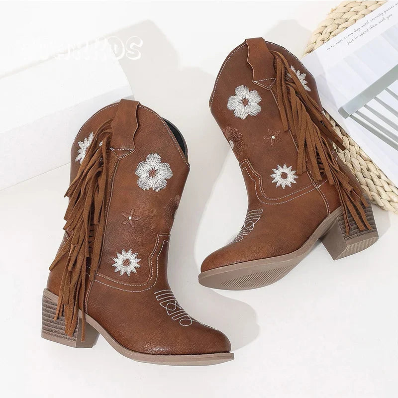 Santiag mi-haute marron Simili Cuir Fille - Broderies florales, franges