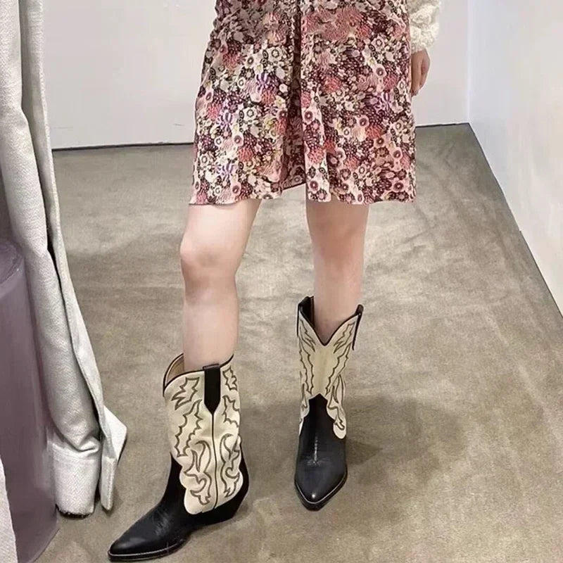 Santiag haute noir Simili Cuir Femme - Bicolore, broderies contrastées