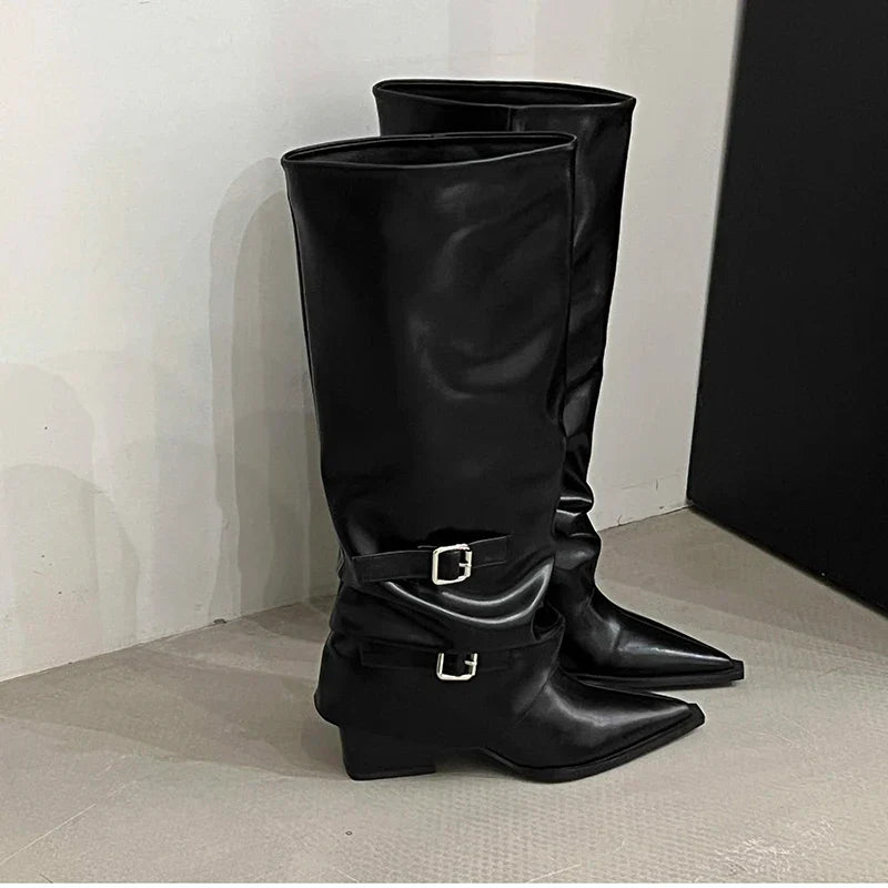 Santiag haute noir Simili Cuir Femme - Bout pointu, boucles