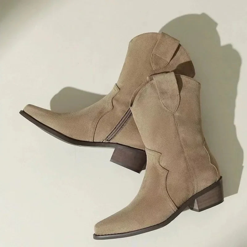 Santiag basse beige Daim Femme - Talon carré