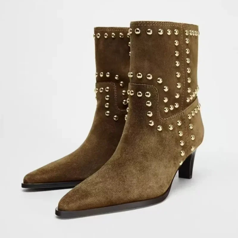 Santiag mi-haute marron Daim Femme - Clous dorés géométriques