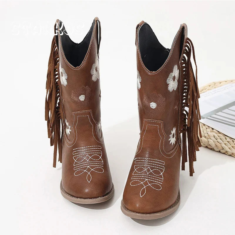 Santiag mi-haute marron Simili Cuir Fille - Broderies florales, franges