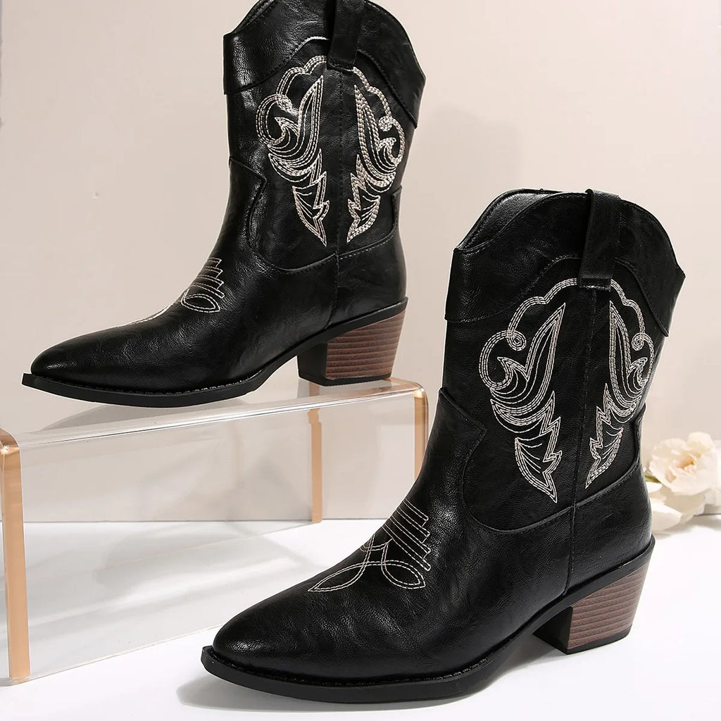 Santiag mi-haute noir Simili Cuir Femme - Broderies, talon cubain