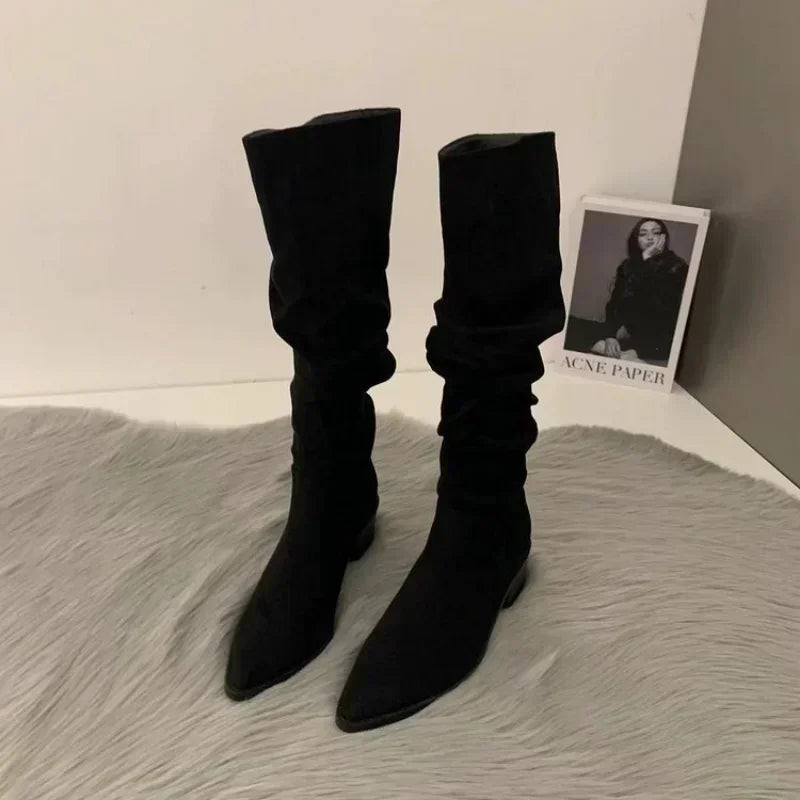 Santiag mi-haute noir Daim Femme - Effet plissé