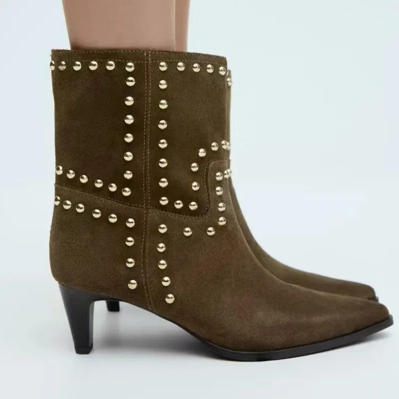 Santiag mi-haute marron Daim Femme - Clous dorés géométriques