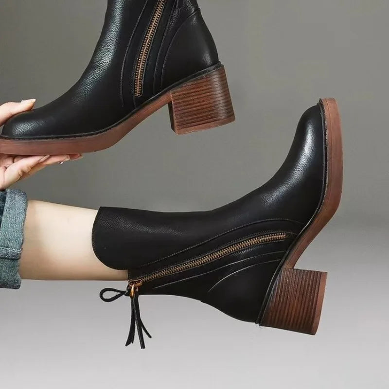 Bottine à talon noir Simili Cuir Femme - Zip doré