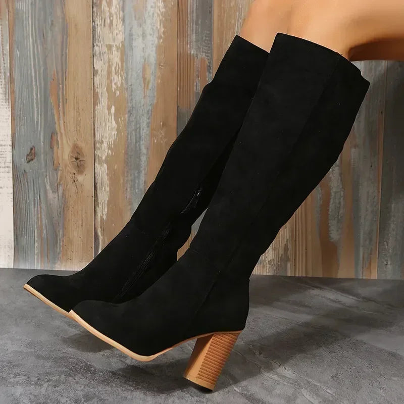 Santiag mi-haute noir Daim Synthétique Femme - Talon carré, fausse fourrure