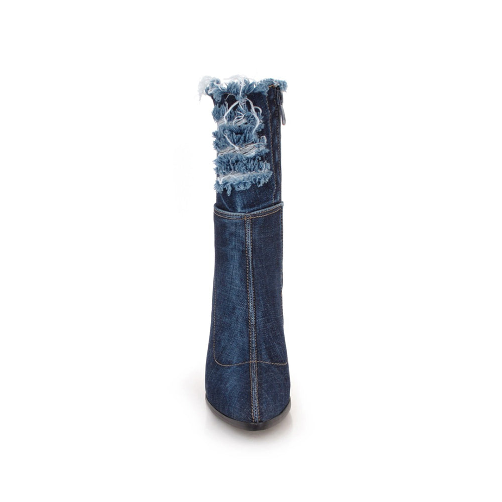 Botte haute bleu Synthétique Femme - Effet denim effiloché