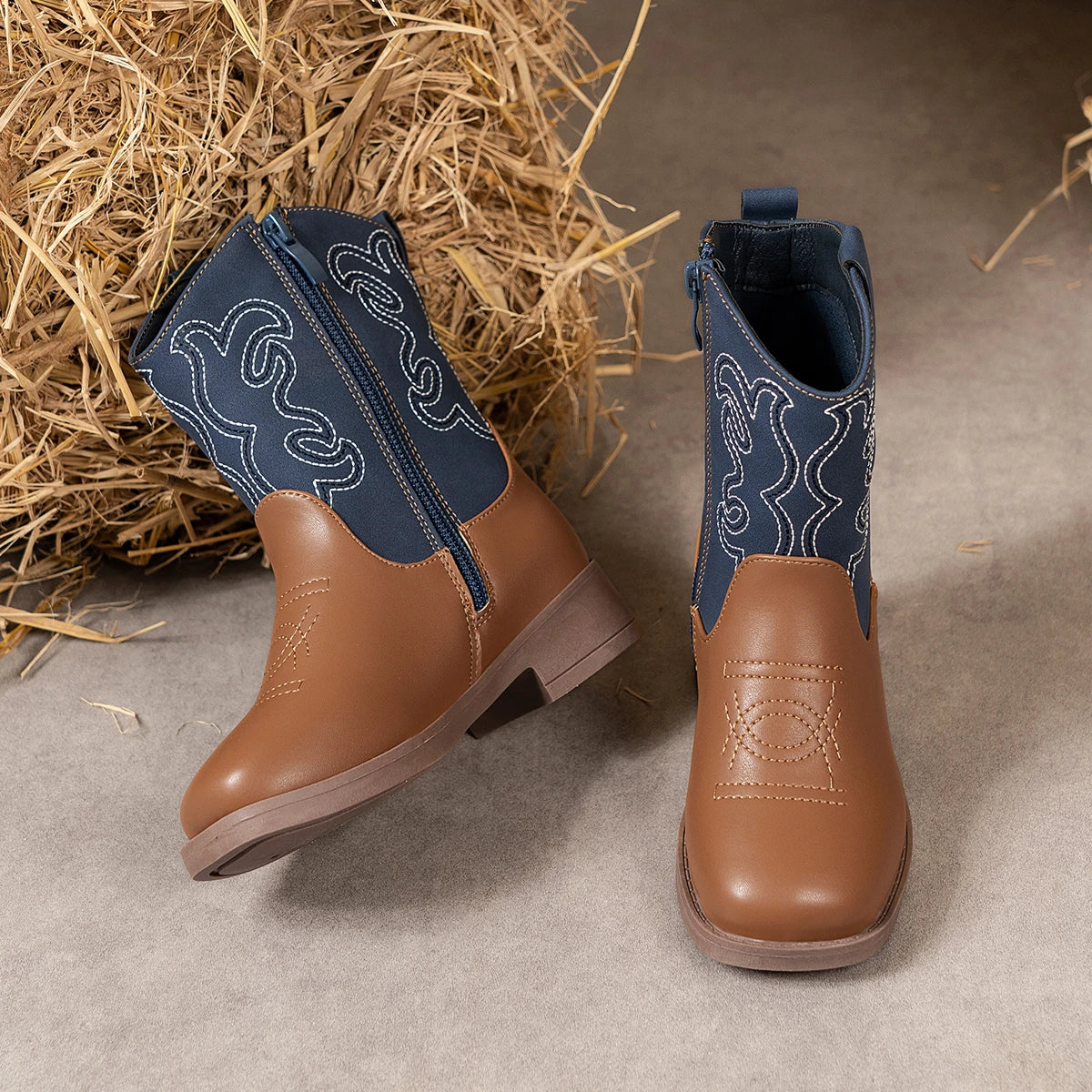 Santiag mi-haute marron Cuir Fille - Broderies blanches