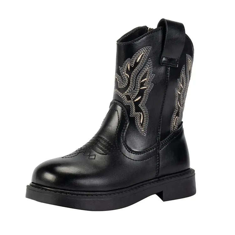Santiag mi-haute noir Simili Cuir Fille - Broderies western, coutures