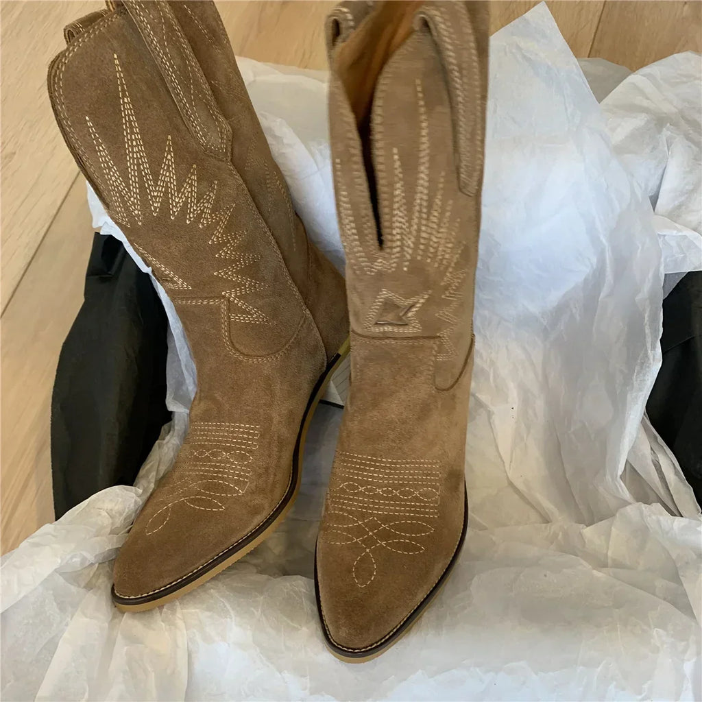 Santiag mi-haute marron clair PU Femme - Broderies western, effet daim