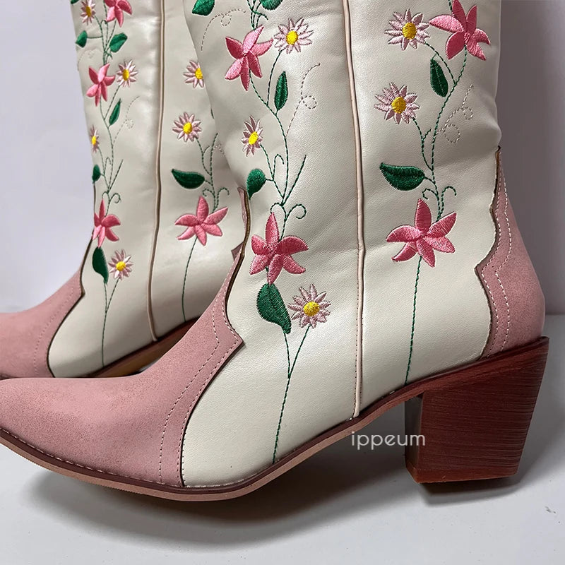 Santiag mi-haute blanc Simili Cuir Femme - Broderies florales colorées
