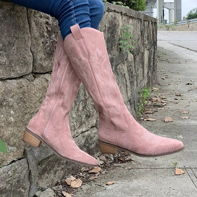 Santiag mi-haute rose Simili Cuir Femme - Broderies florales