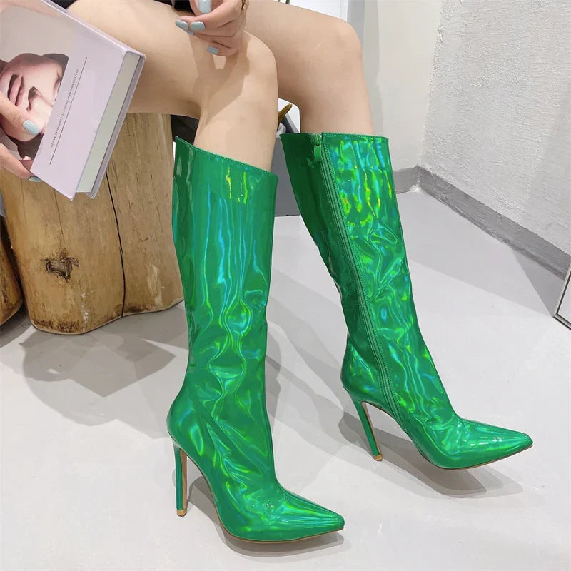 Botte haute vert Synthétique Femme - Effet métallisé