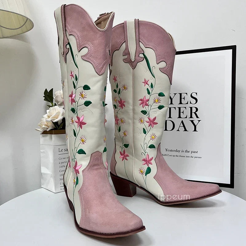 Santiag mi-haute blanc Simili Cuir Femme - Broderies florales colorées