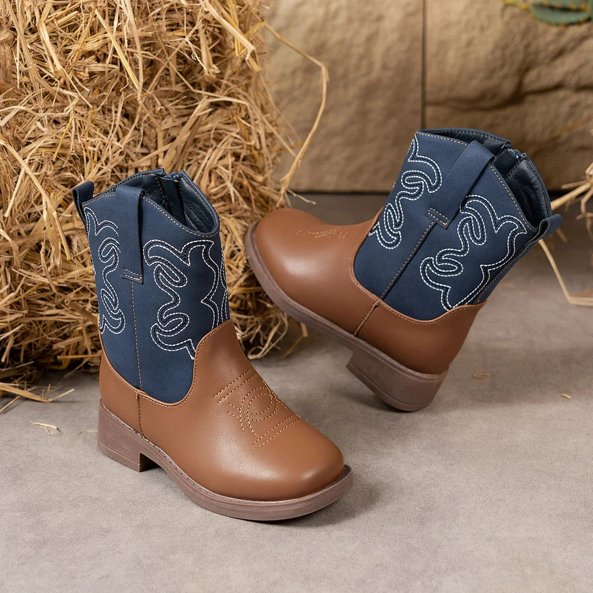Santiag mi-haute marron Cuir Fille - Broderies blanches