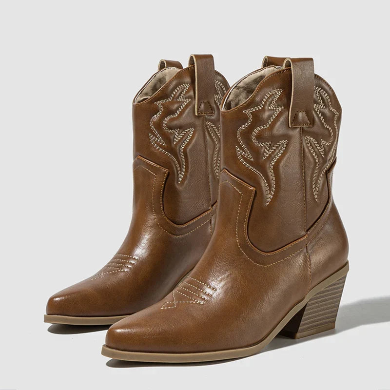 Santiag mi-haute marron Synthétique Femme - Broderies western, talon biseauté
