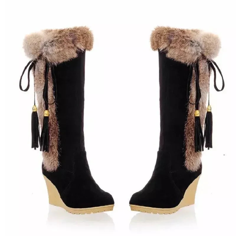 Santiag haute noir Daim Synthétique Femme - Pompons, fourrure