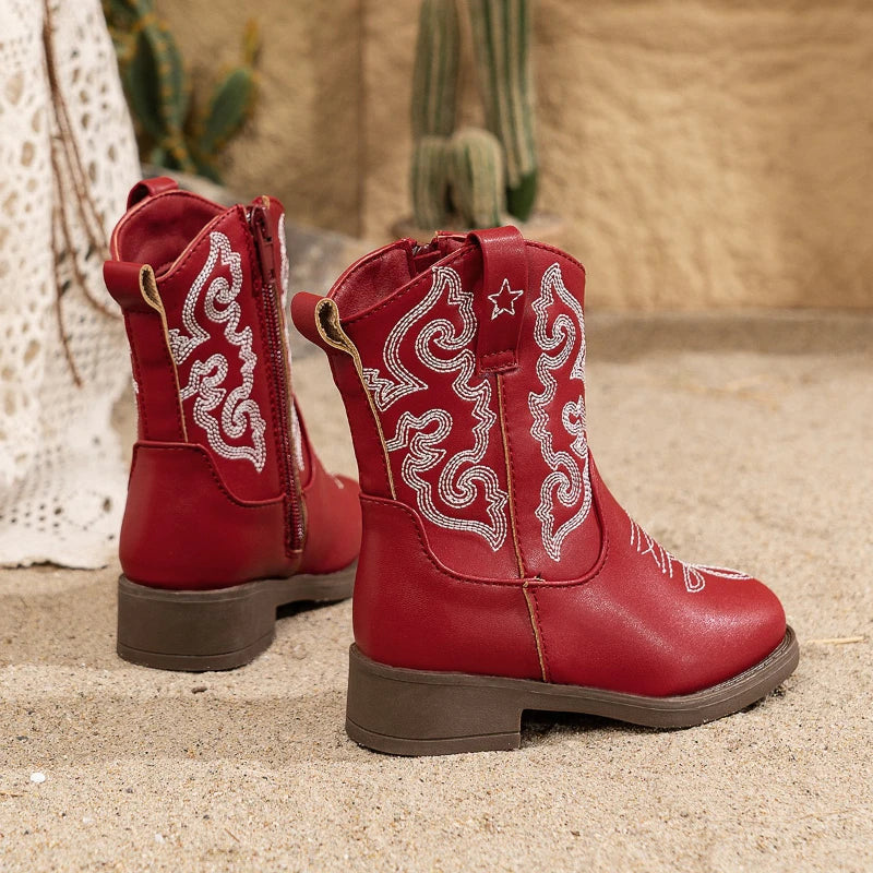 Santiag mi-haute rouge Cuir Fille - Broderies, style cowboy