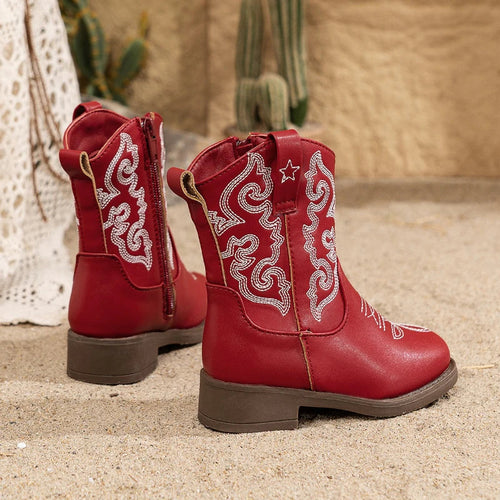 Santiag mi-haute rouge Cuir Fille - Broderies, style cowboy