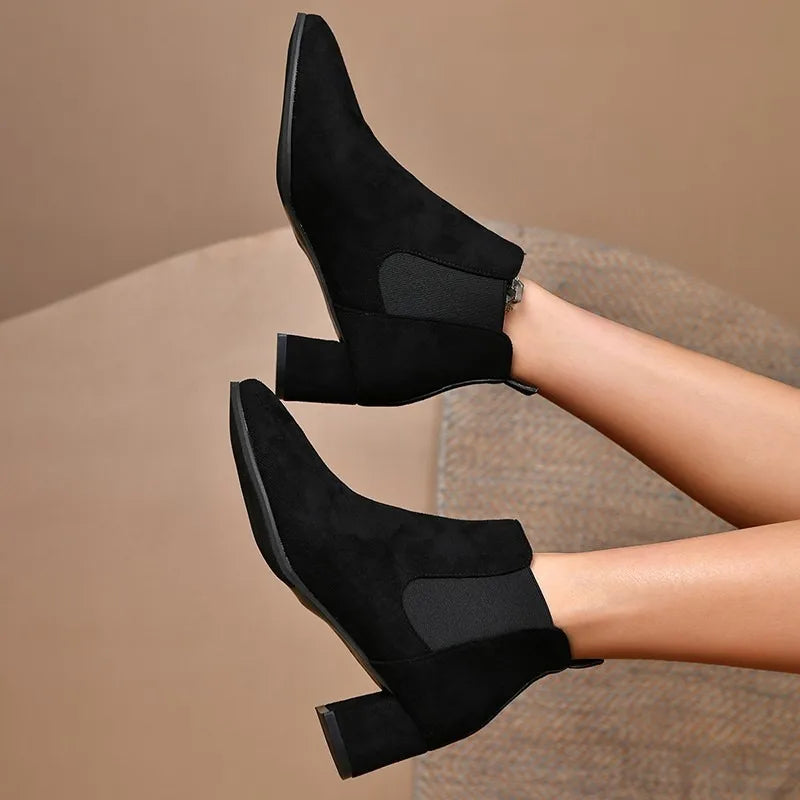 Bottine chelsea noir Daim Femme - Bout pointu, talon carré