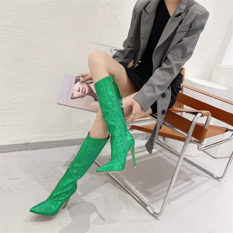 Botte haute vert Synthétique Femme - Effet métallisé