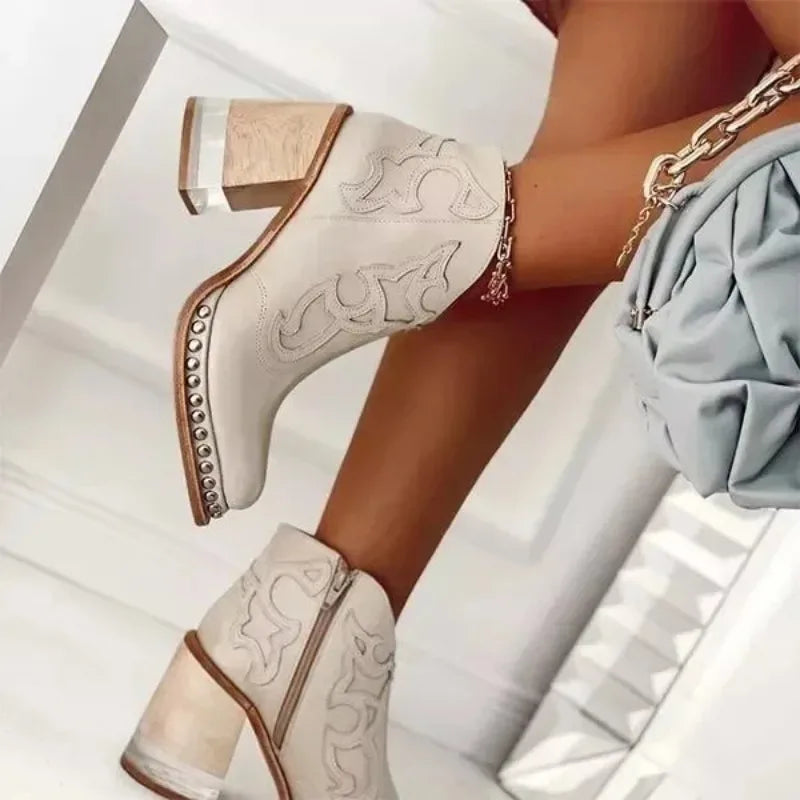 Santiag mi-haute beige Simili Cuir Femme - Broderies, talon contrasté